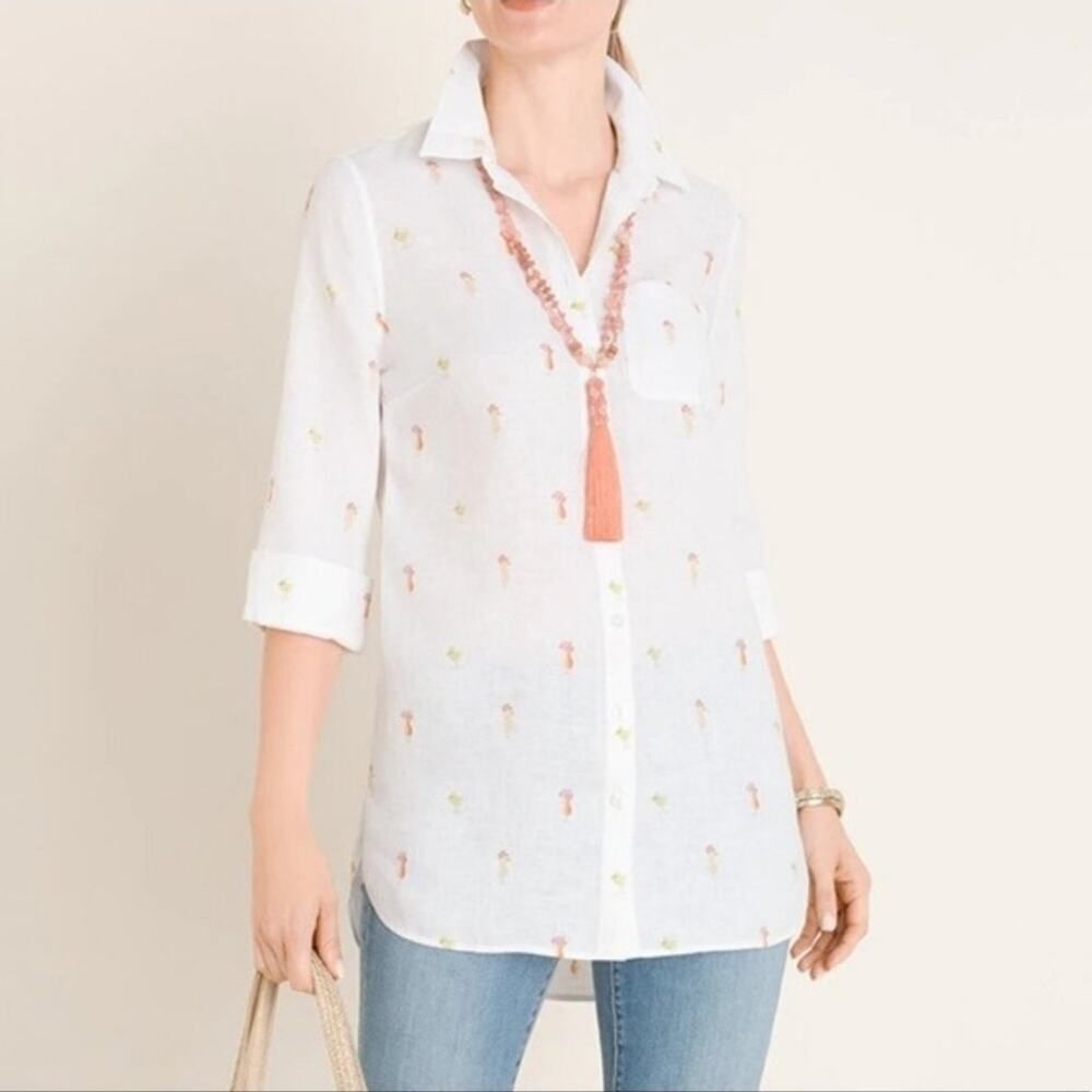 Chico's No Iron 3/4 Sleeve Linen Tropical Drink Tunic Top Women's Size 3 - GUC